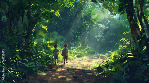 Kids taking a nature hike through a lush forest. exploring the beauty of the outdoors. Ai generated Image
