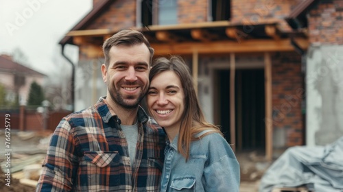 Happy couple standing near new under construction house. Background concept