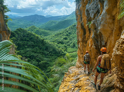 Adventure seekers rappelling a rugged cliff, lush greenery, adrenaline-fueled exploration