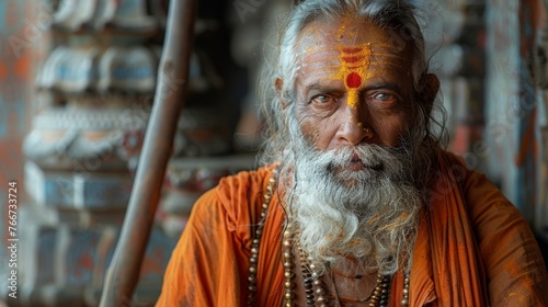 Scattered around the ascetic are various objects such as a walking stick and prayer beads showing their simplicity and detachment from material possessions.