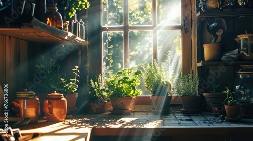 Rustic Home Kitchen with Sunlight Streaming Through Window onto Herbs and Pottery. Cozy Interior Concept