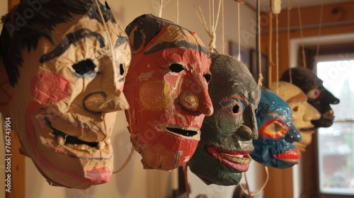 In the familys living room there are six paper mache masks drying on a clothesline. Each one has a different expression representing the personalities of the family members