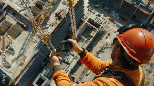 Closeup of a construction worker using a remote control to fly a drone above a building under construction. The drones camera is positioned to capture a topdown view of the