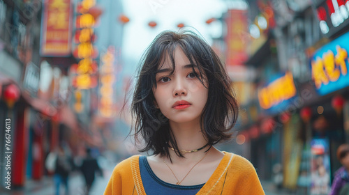 A casual young woman exploring the vibrant streets of Wuhan. He has a chiseled oblong face