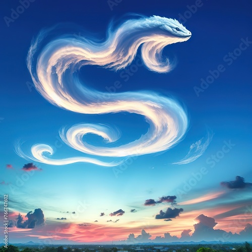 Lightly colored cloud sculpted into the shape of a snake anaconda in the clear blue sky