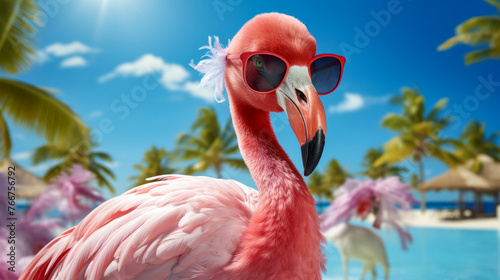 A flamingo wearing sunglasses and a pink hat is standing in front of a beach. The flamingo is the main focus of the image, and the sunglasses and hat add a playful and fun element to the scene