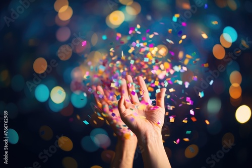 Colorful Confetti: Close-up of hands throwing colorful confetti.