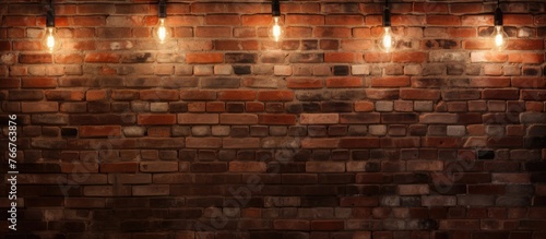 The brick wall is accented with a string of Brown and Amber lights, creating a warm and inviting atmosphere. The combination of Wood and Brickwork adds a touch of elegance to the event space