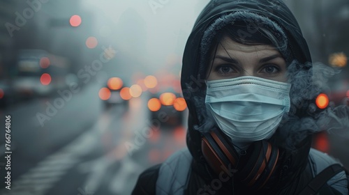  A person wearing a mask outdoors in a polluted city, looking concerned and highlighting the issue of air quality and public heal 