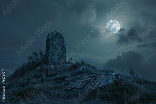 A tombstone on a hill at night --ar 3:2 Job ID: 08813ac3-674c-4d8f-885f-371d6ec6bd43