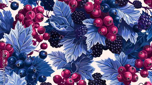 Dynamic pattern of blackcurrants and blueberries, repeating in bold graphic style