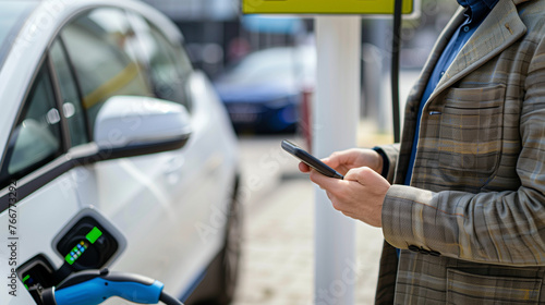 A man stands at a gas pump, engrossed in his cell phone, oblivious to the surroundings charging a ev electric car, , business men on background