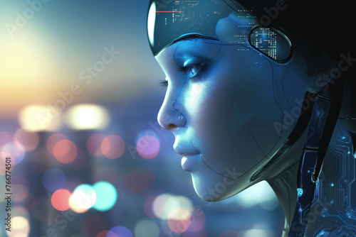 Beautiful female cyborg cyborg in a cyberpunk like city. Blue night colors. AI concept.