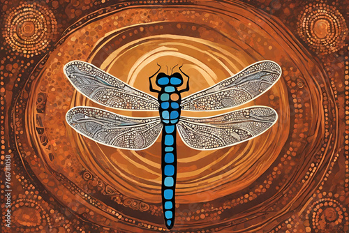 Aboriginal art vector painting with dragonfly. Illustration based on aboriginal style of landscape background