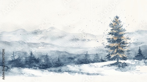 An elegant watercolor depiction of a winter night, with a lone pine tree adorned with snow, stark beauty contrasted on white