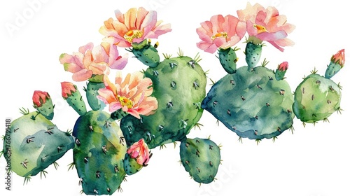 Watercolor clipart of a blooming cactus, desert beauty theme, isolated on white background for unique and natural designs