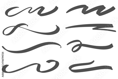 Swoosh vector lines. Hand drawn swash and swish strokes with swirl tail. Calligraphy squiggle waves. Doodle decorative marker flourish.