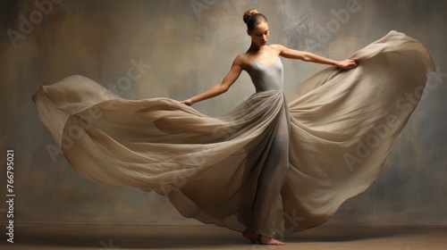 Ballerina dances in fluttering flowing cloth, in elegant form 
