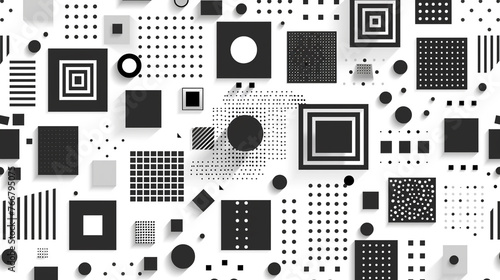 Seamless pattern of geometric shapes in black and white. Triangles, squares, circles, and hexagons arranged in a minimalist and elegant style.