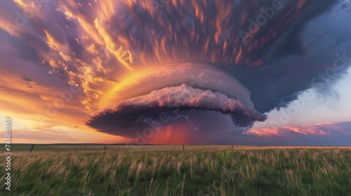 Structured supercell thunderstorm on sunset sky