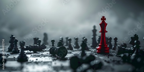 A solitary chess king standing tall amidst fallen pieces a symbolic triumph of strategic might and unwavering resolve