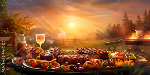 Assorted meat grilling over a bbq cooking food muslims festival eid ul azha recipes sunny sky background