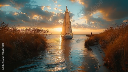 A sailboat rests peacefully on the shore, its sails neatly furled, capturing a moment of quiet repose by the water's edge