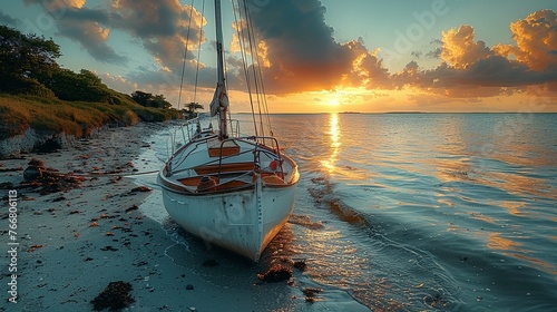 A sailboat rests peacefully on the shore, its sails neatly furled, capturing a moment of quiet repose by the water's edge
