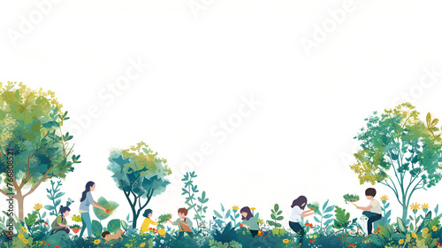 People planting trees or working in community gard Silhouette of family with tree at sunset. Family with shovel and watering can plants young trees sprout in soil. Farmer dad, mom child, Generative Ai