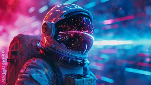 An astronaut's visor reflecting the neon blur of a warp speed jump