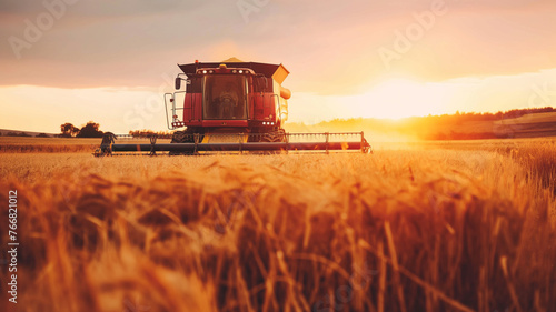Combine harvester in the field at sunset