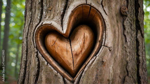 Love Valentine's day background - Natural carved heart formed in the tree trunk in forest. Generative.Ai