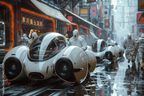 A futuristic city street with a group of people in white suits and a white vehicle with a man in a white suit driving it