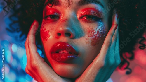 stylish biracial woman with dark hair and red lips eyeshadow makeup on neon background with hands to face beauty portrait and vibrant look