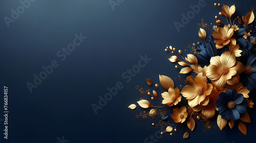 Złoto granatowy kwiatowy baner, tapeta z miejscem na tekst, generative ai