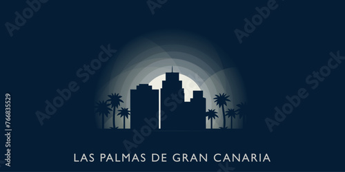  Las Palmas de Gran Canaria cityscape skyline city panorama vector flat modern banner illustration. Spain region emblem idea with landmarks and building silhouettes at sunrise sunset night