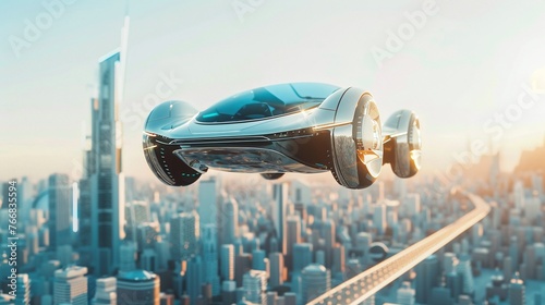 advanced flying car over a bustling city, highlighting the future of urban transport, innovation in design, and the concept of modern travel