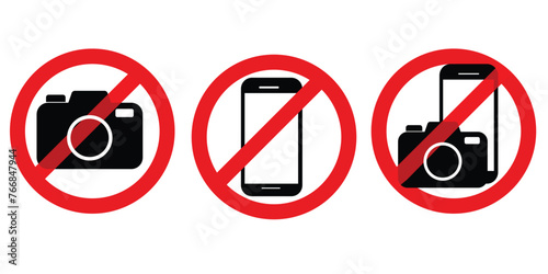 camera , and phone prohibition symbol sign set. No photographing and filming prohibit icon logo collection. Vector illustration image. Isolated on white background.