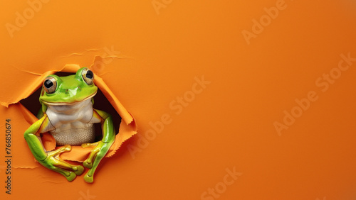 A contemplative green frog rests within a triangular hole in an orange paper, creating a striking contrast