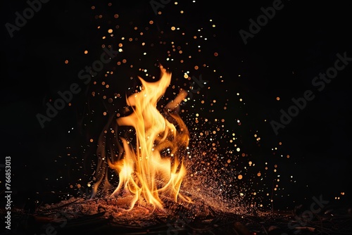 Fire with bright sparks isolated on black background