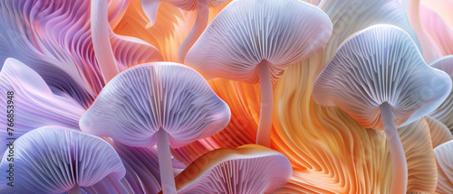 Abstract background of mushrooms in purple, orange and white colors for design.