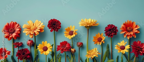  A stunning bouquet of red and yellow flowers against a serene blue backdrop, with elongated stems adding depth to the composition