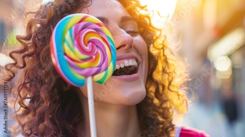 A woman who is happy and upbeat is playfully trying to bite into a colorful lollipop.