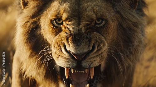 closeup of an angry aggressive male lion face with emphasis on the fierce expression and powerful gaze of this wild animal showcasing its dominant and intimidating nature