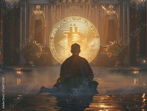 Monk looking at a Bitcoin coin in a temple