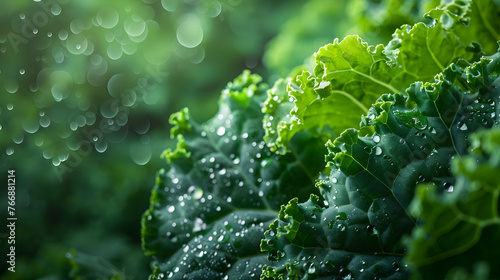 Fresh kale leaf with morning dew, vibrant green vegetable closeup