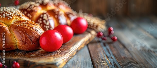Traditional Easter bread called Greek tsoureki and red eggs displayed on a wooden table in a closeup view with space for text.