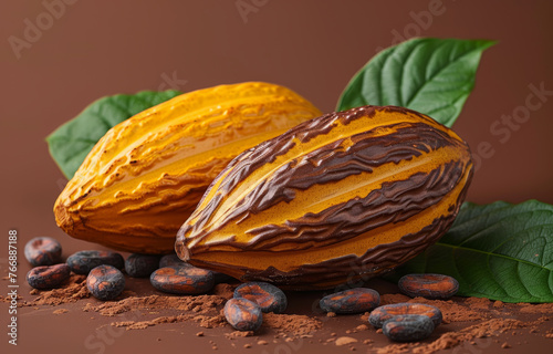 Cocoa pods and cocoa beans on brown background