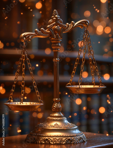 Scales of Justice on wooden table