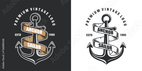 Anchor with ribbon vintage badge logo vector graphic template